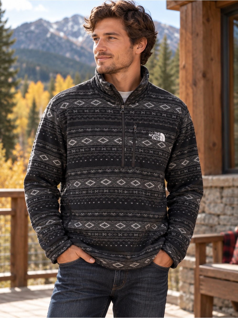 The North Face Men’s Black Patterned Quarter-Zip Fleece Pullover #225CL